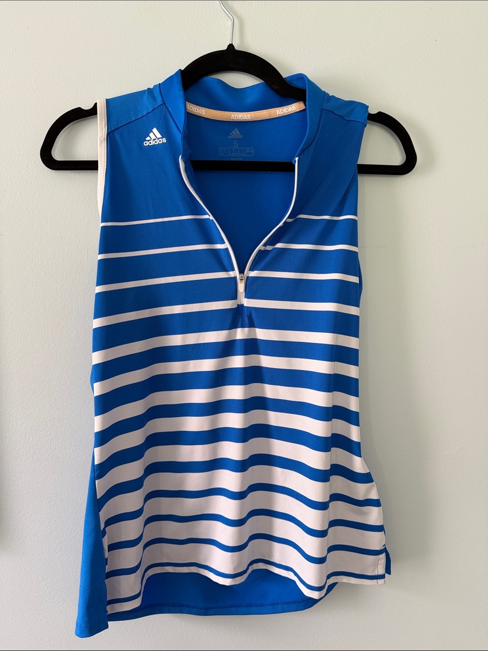 adidas Royal Blue and White Striped Sleeveless Zip Polo